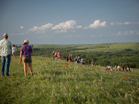 A group of people stand on top of a hill looking a wildflowers in a prairie landscape.