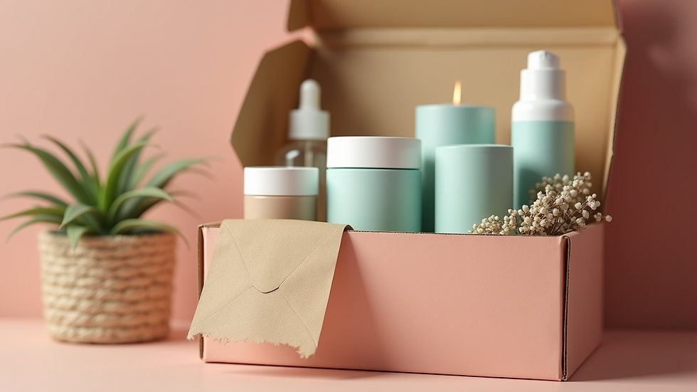 Close-up of a letterbox gift box filled with self-care products