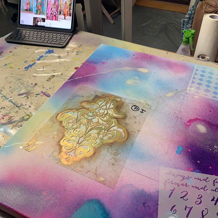 painting experiments in spray paints, inks and stencils