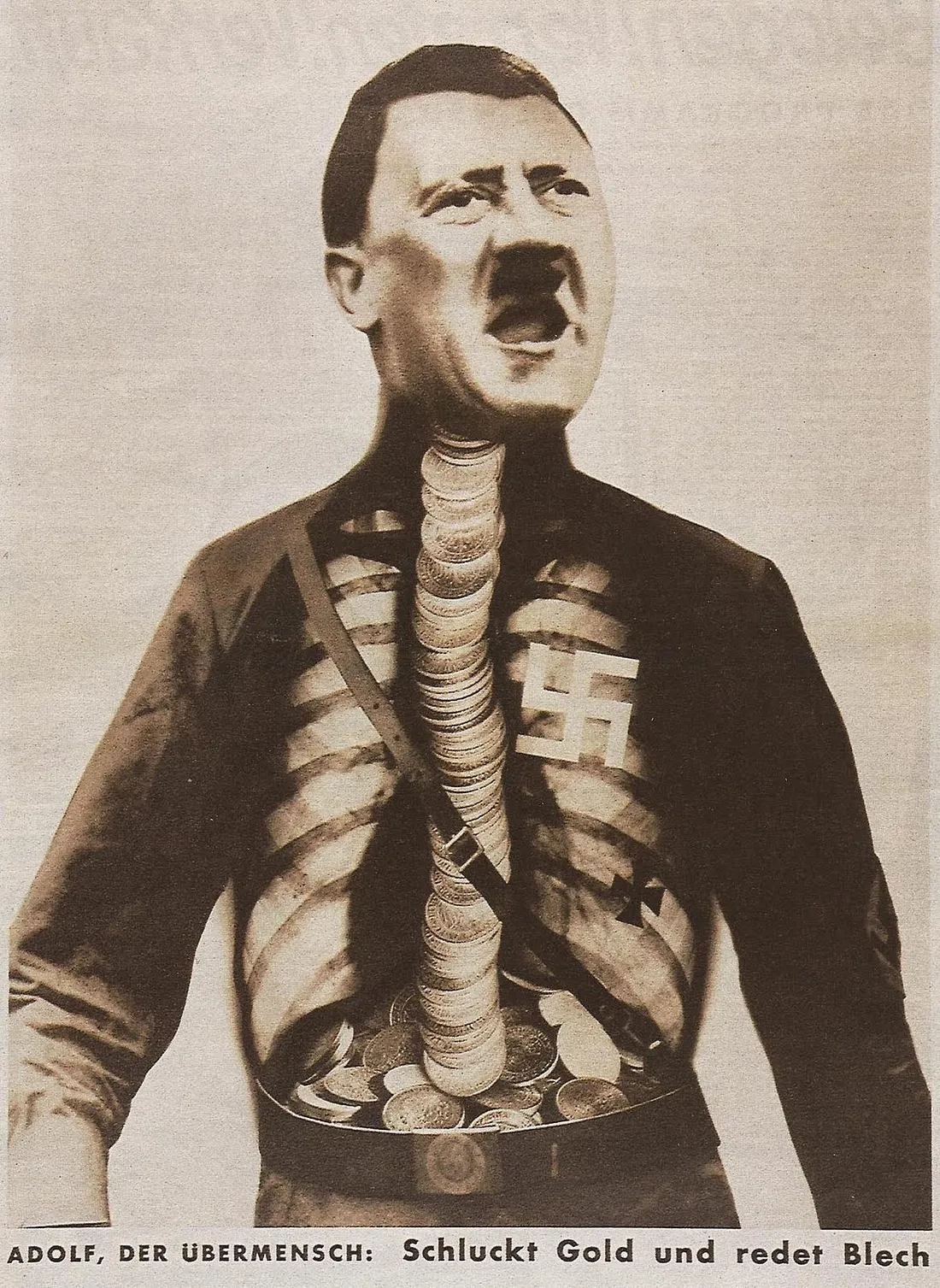 Adolf the Superman portrays Hitler as a heartless puppet who swallows gold and spews junk in return.