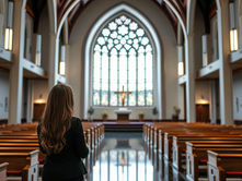 Woman standing in a suit in church reflecting on God's support of her vision when she has no little support