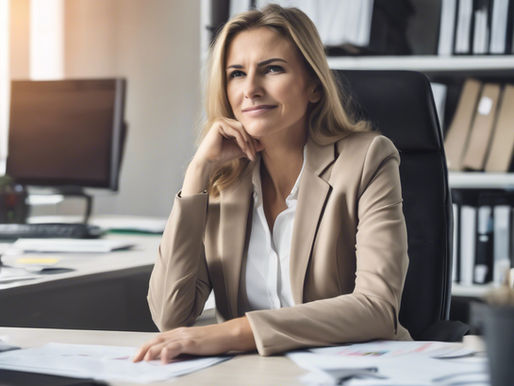 A woman sitting in her office quietly reflecting