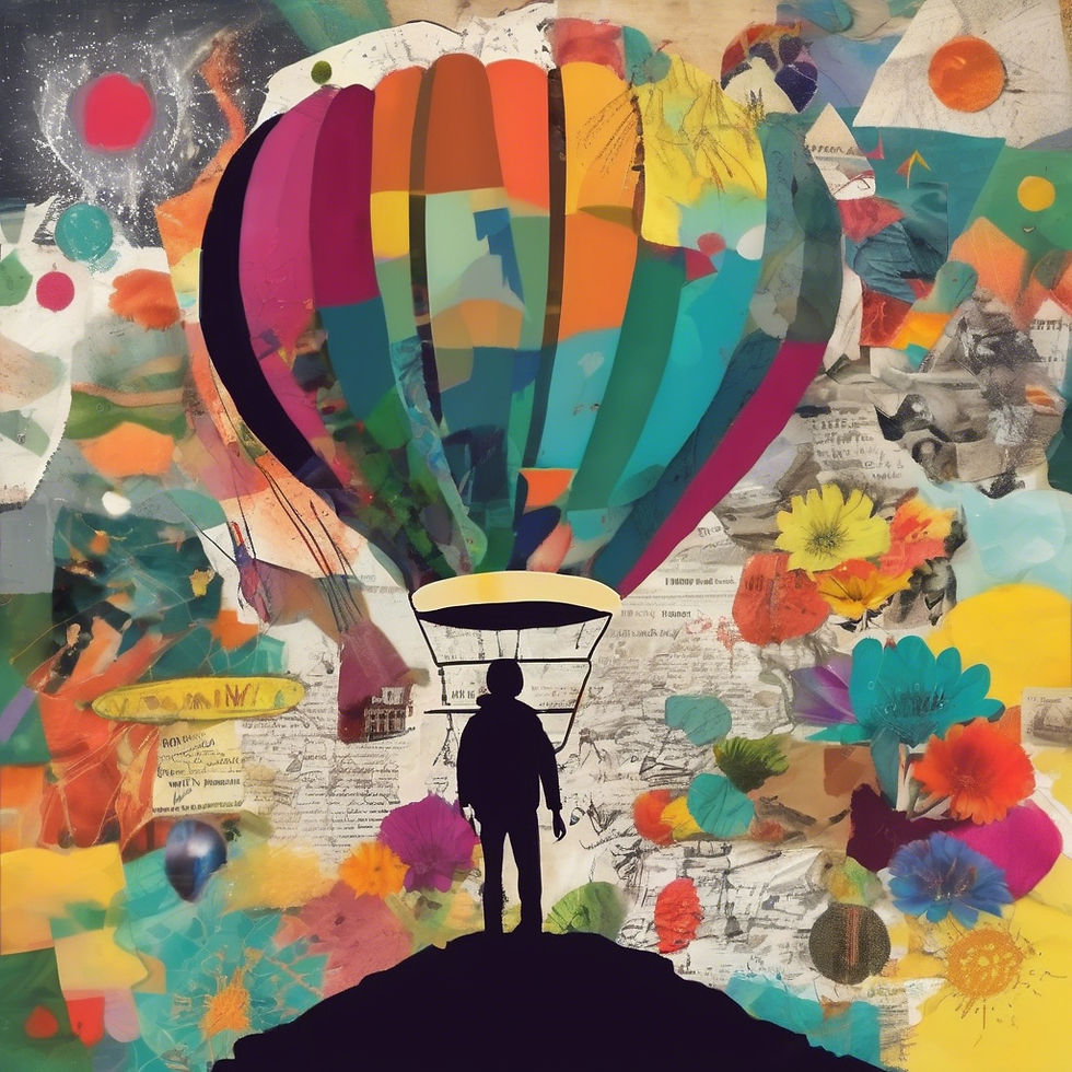 Silhouette of a person with a colorful hot air balloon against a vibrant collage of flowers and abstract patterns, creating a whimsical mood.
