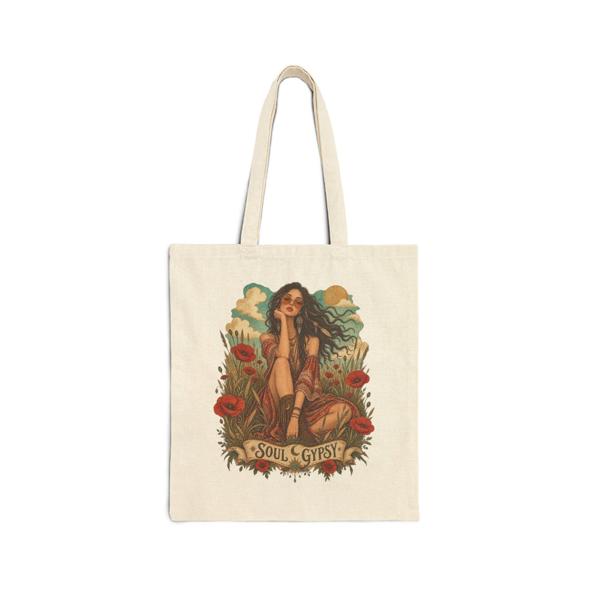 Boho 'Soul Gypsy' Cotton Canvas Tote — Vintage Bohemian Floral Bag