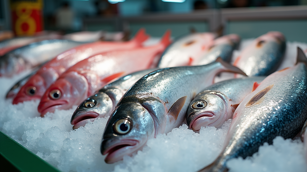 Close-up view of fresh fish displayed on ice at a retail store