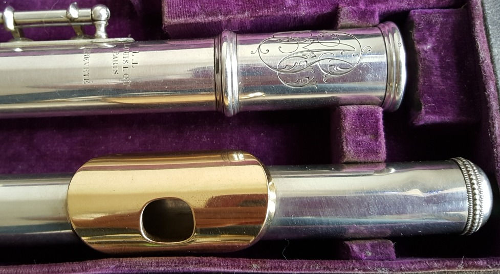 Miniature : Flûte traversière Louis Lot en argent massif Embouchure en Or Patte de Si