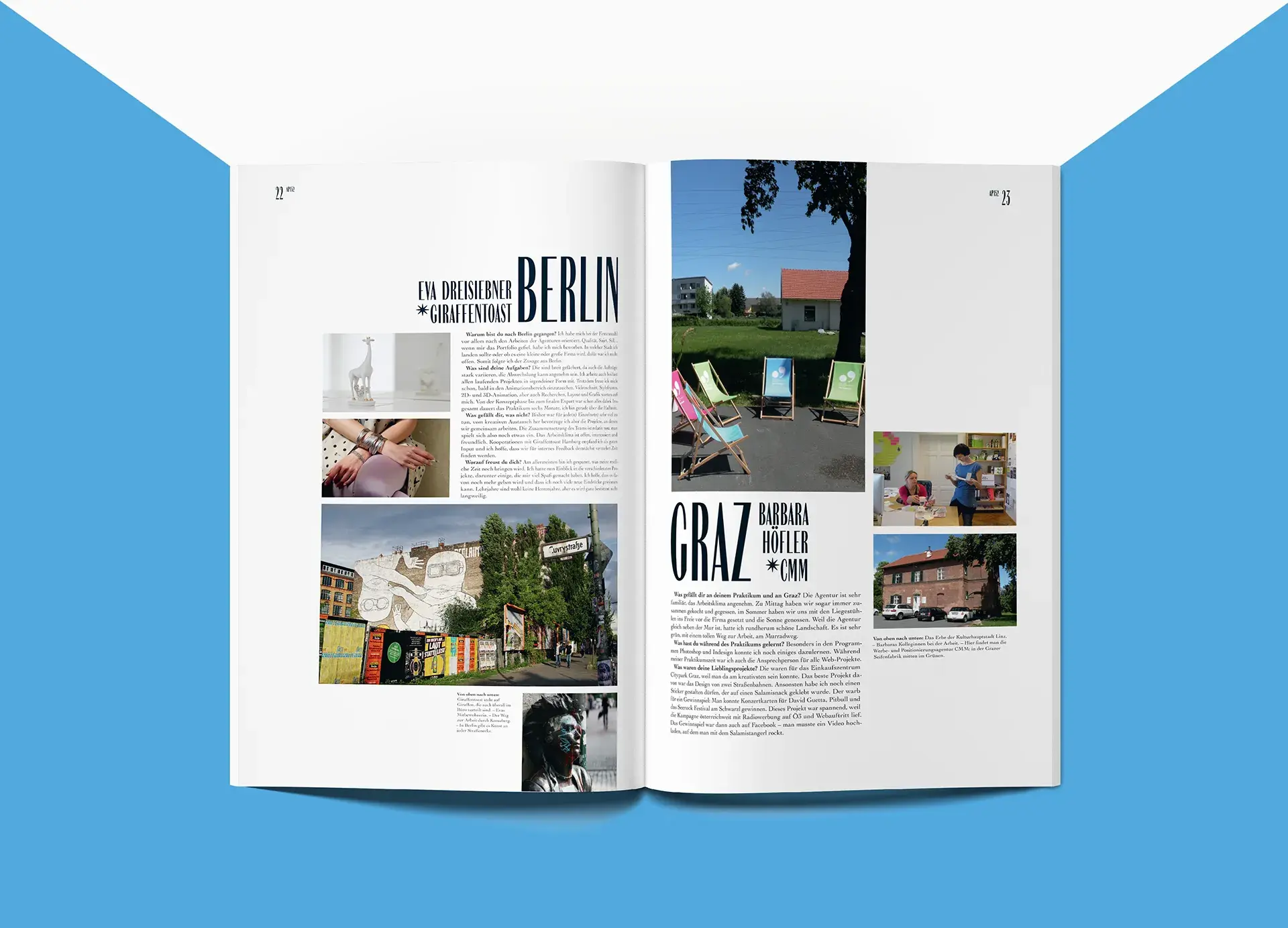 Doppelseite aus dem Hochschulmagazin Studiengang Informationsdesign, FH JOANNEUM (Bachelorarbeit)