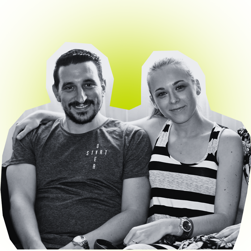 Graphic design studio team featuring a man and woman, the creative owners, in a black-and-white photo.
