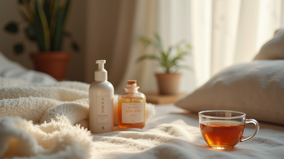 Eye-level view of a cozy home corner with wellness products and a cup of tea