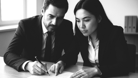 A man and a woman review a report at a desk