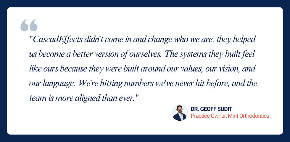 Dr. Geoff Sudit of Mint Orthodontics praises CascadeEffects for enhancing the practice's teamwork and performance through tailored systems that align with their core values and vision.