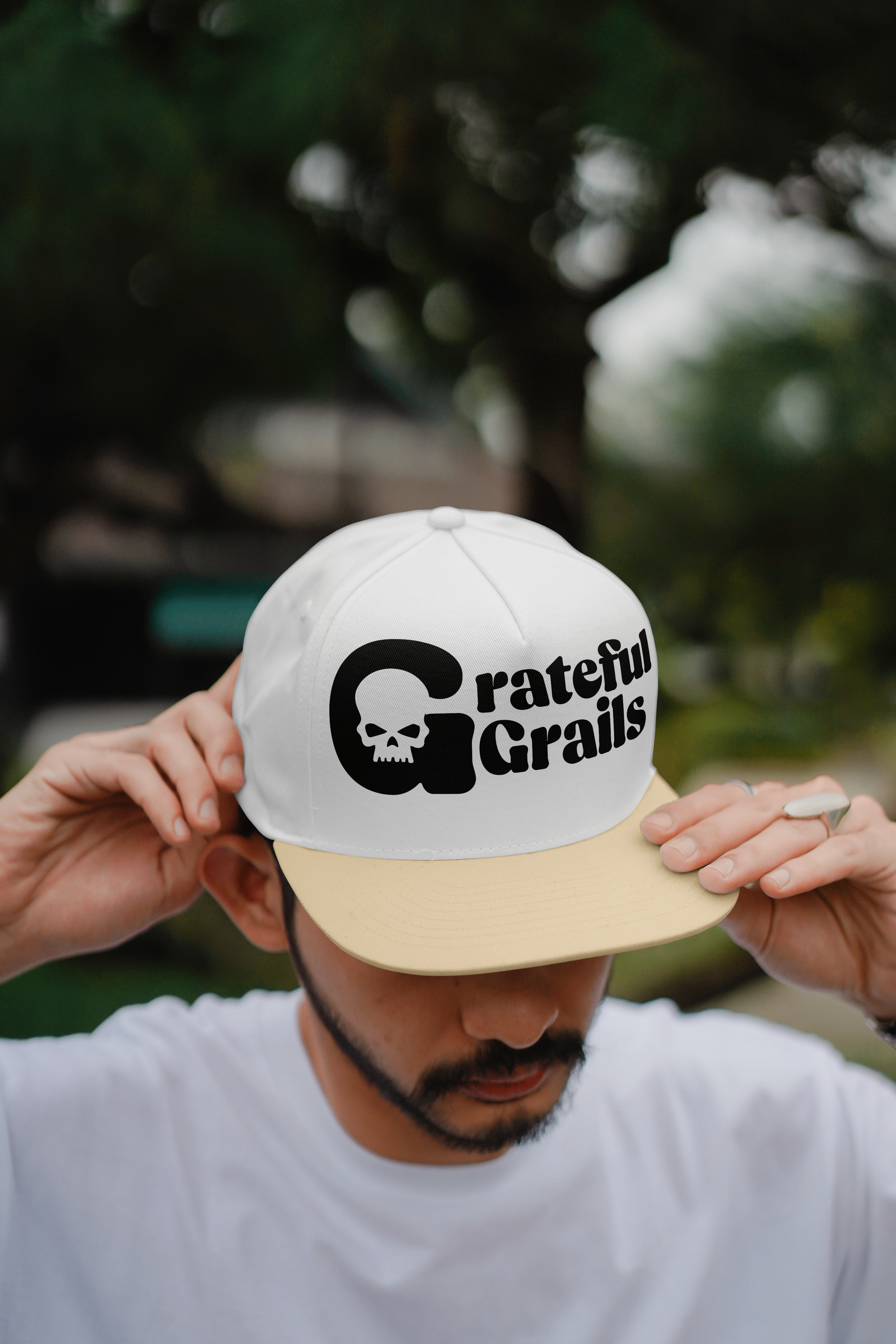 Grateful Grails logo Mockup on a Snapback Cap