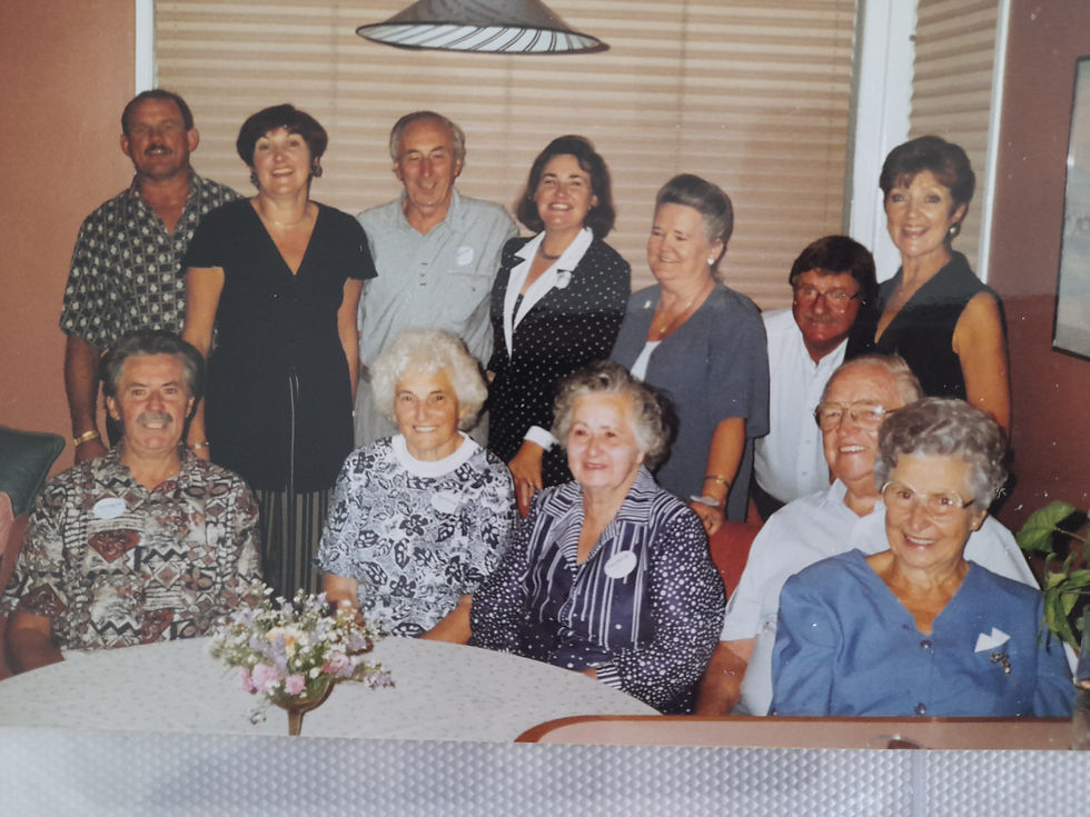 The Hardy family. In the front row going left to right David, Olwyn, Jean, Russell and Gwenda. In the back row left to right Jon and Linda, Dennis and Anne, Maureen (David's wife), Brian and Larraine.