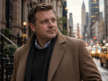 Elegáns férfi egy New York-i utcán, visszafogott, gondolkodó hangulatban