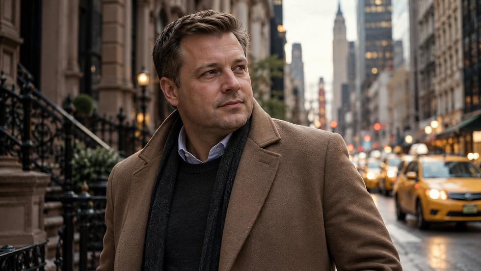 Elegáns férfi egy New York-i utcán, visszafogott, gondolkodó hangulatban