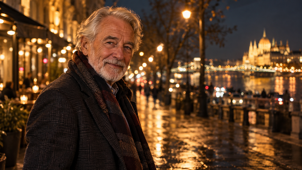Bölcs, kedves, hetven év körüli férfi portréja esti budapesti utcán, cinematic fényekkel és a város hangulatos fényeivel a háttérben.