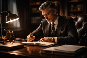 man is sitting at the table and writing