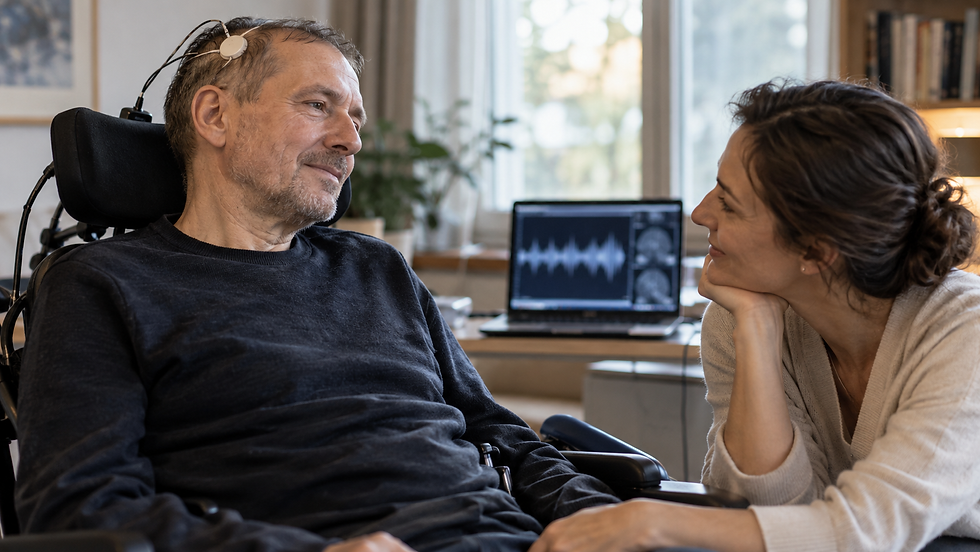 Bénult férfi idegi interfész segítségével kommunikál egy hozzátartozóval, a beszéd-neuroprotézis technológia emberközpontú illusztrációja