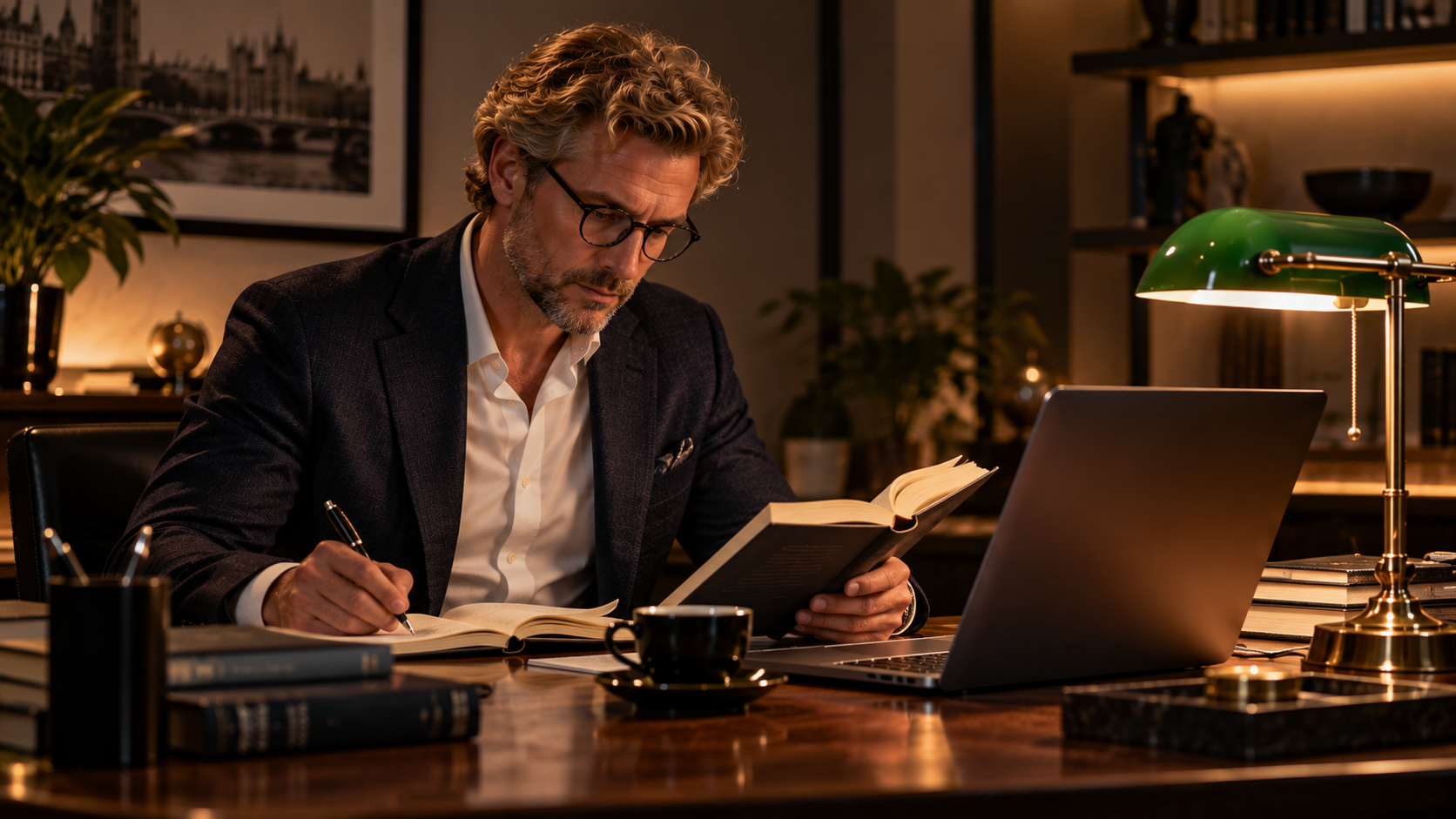 Elegáns, szemüveges férfi olvas és jegyzetel egy dolgozószobában, laptop és bankárlámpa mellett.