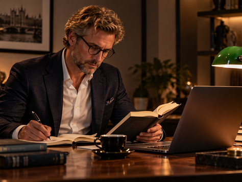 Elegáns, szemüveges férfi olvas és jegyzetel egy dolgozószobában, laptop és bankárlámpa mellett.