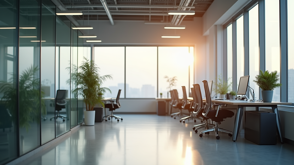 Eye-level view of a modern office space with ergonomic furniture and natural lighting
