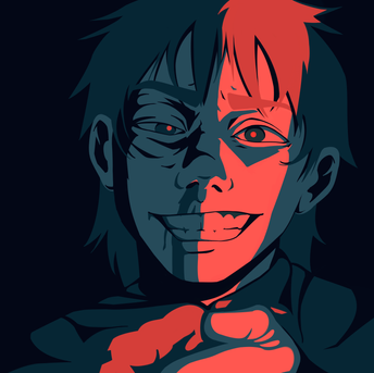 Simplified, stylized illustration of a boy fighting, done in four colors. He has a grin on his face as someone holds his shirt in a fist. He is seen as if through a door light.