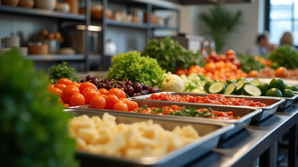 Eye-level view of a well-organized meal prep station filled with colorful ingredients.