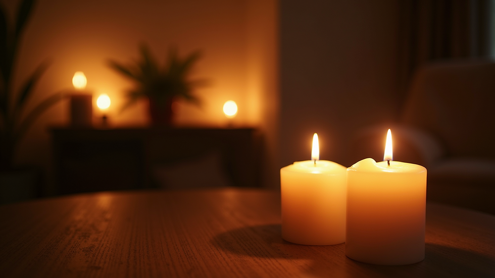Eye-level view of a cozy candlelit room