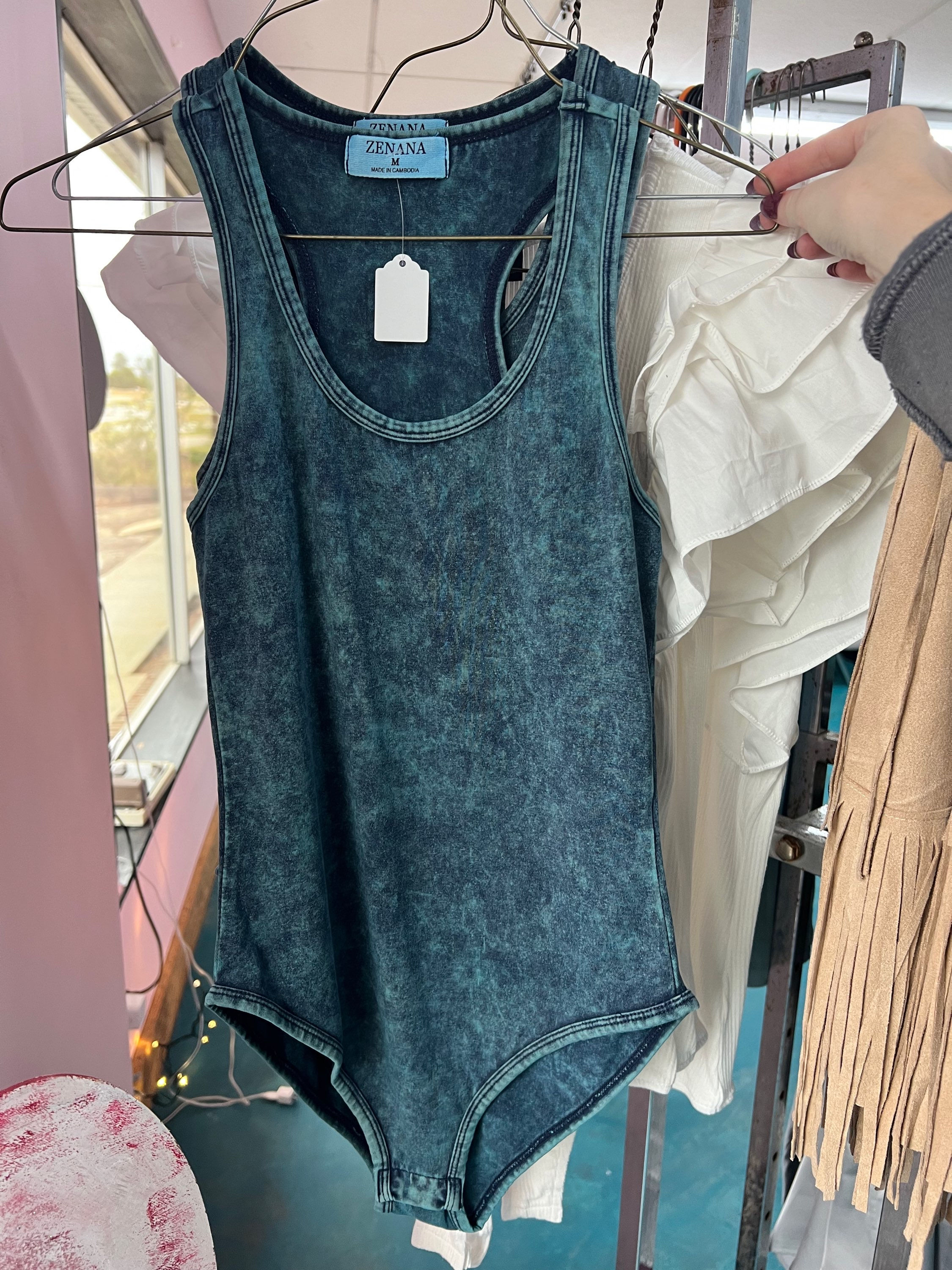 Zenana Teal Acid Wash Bodysuit Tank