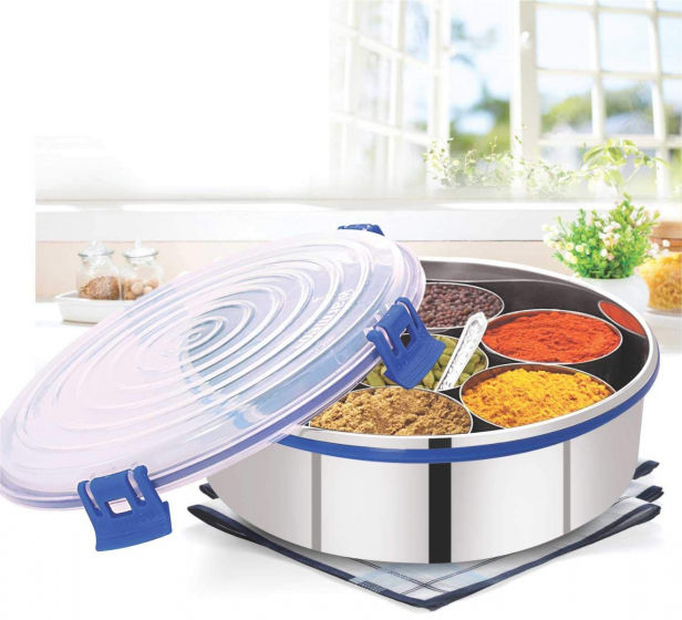 WARMEO STAINLESS STEEL MASALA OR SPICE BOX WITH 7 ROUND BOWLS AND 1 SMALL SPOON