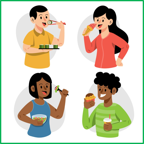 Diverse persone che mangiano alimenti diversi