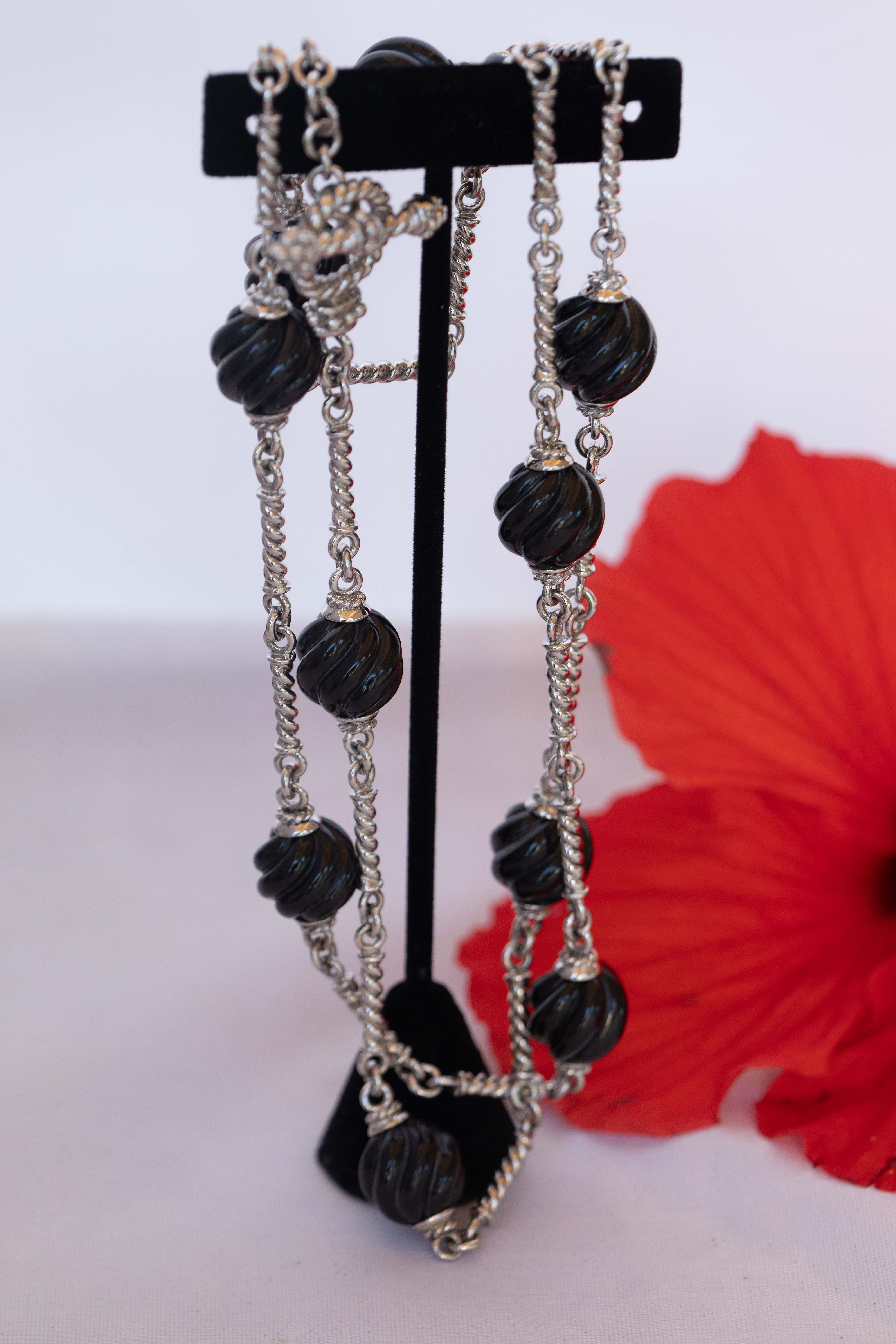 Sterling Silver and Onyx Station Necklace