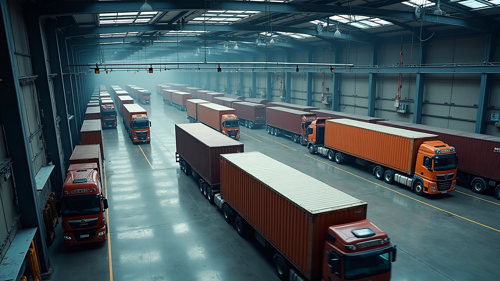 High angle view of a logistics warehouse with trucks being loaded
