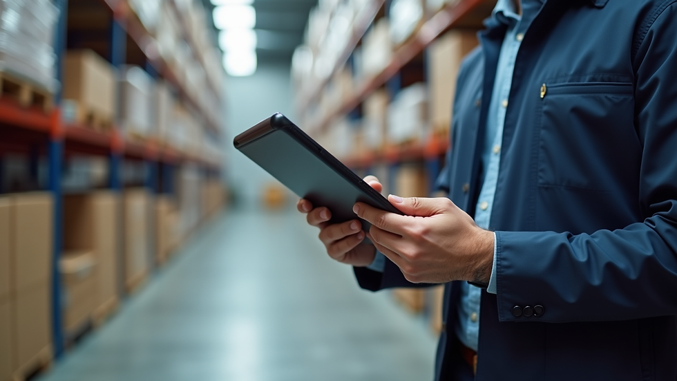 Close-up view of a logistics professional using a tablet to track shipments