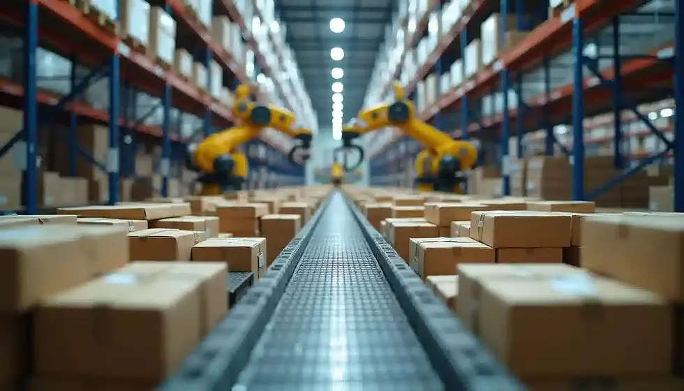 Eye-level view of a warehouse with automated robotic arms sorting packages