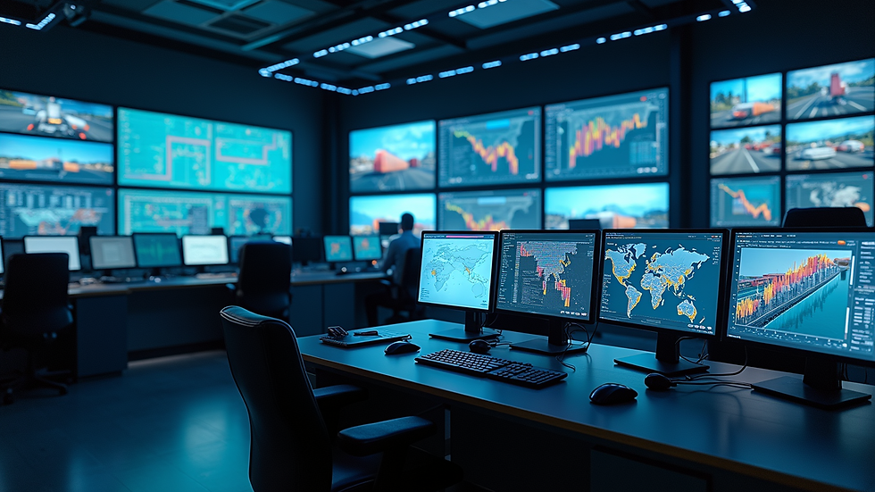 High angle view of a logistics control room with multiple screens showing live freight tracking