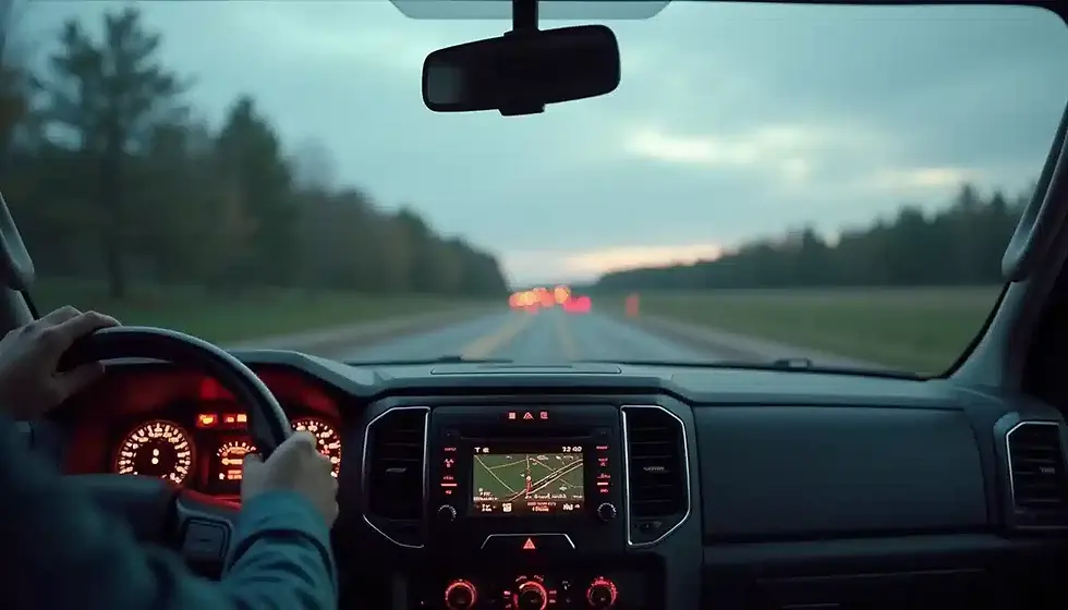 Eye-level view of a truck dashboard showing GPS navigation