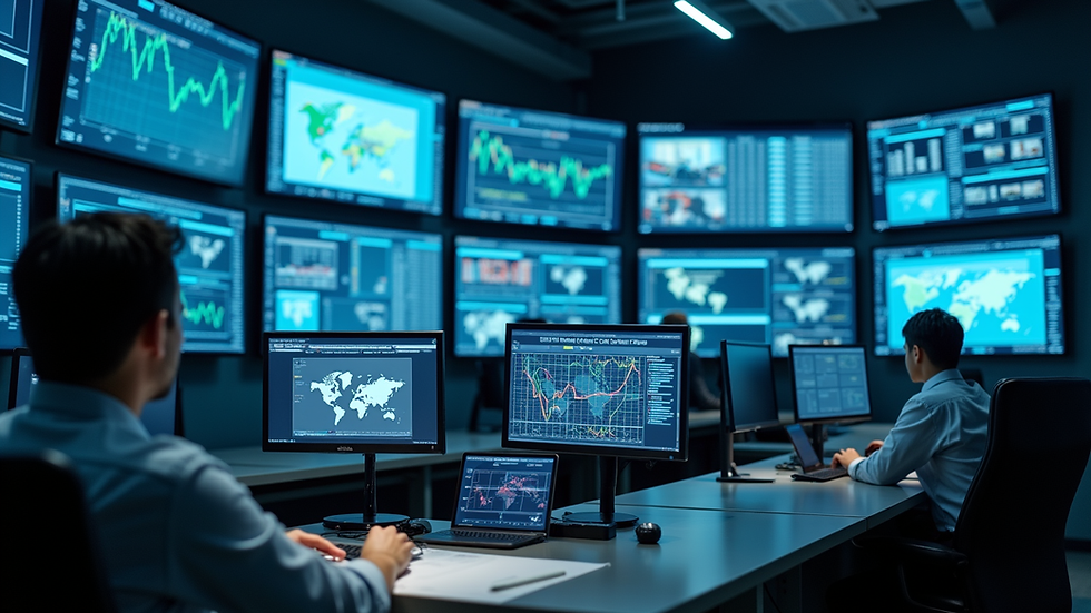 Eye-level view of a logistics control room with multiple screens showing shipment routes