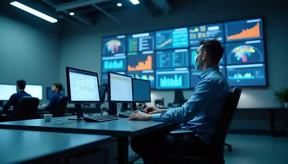 Eye-level view of a logistics control room with multiple screens showing shipment data