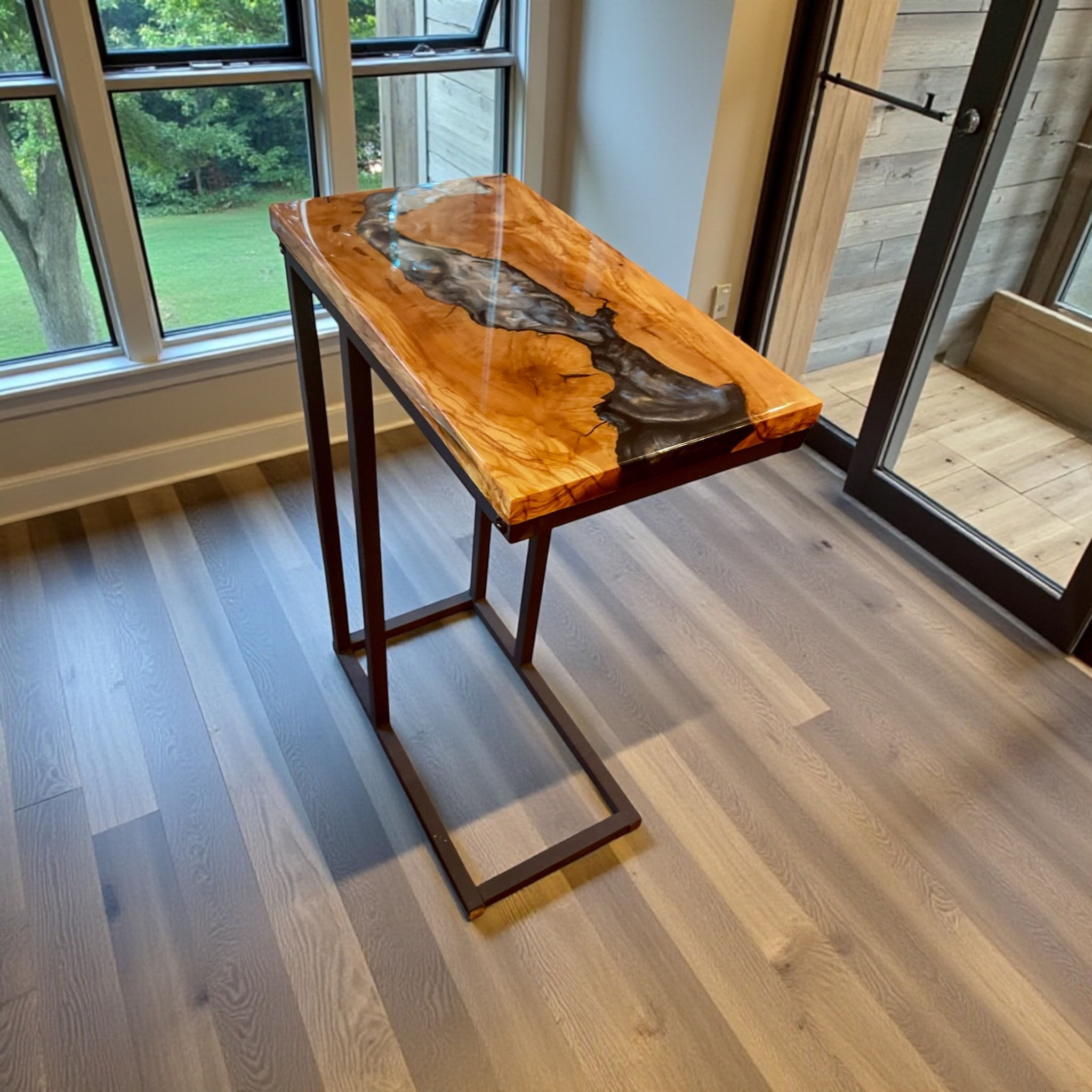 Olive Wood and Resin Metal Frame Side Table