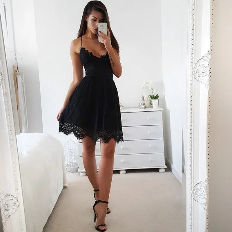 Thumbnail: Summer Party Dress Sexy White Pink Deep V Neck Backless Lace Short Dress Wome