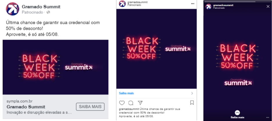 Print de anúncios em diferentes posicionamentos: feed do Facebook, feed do Instagram e Instagram Stories.