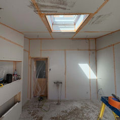 Plasterboarded room with a skylight and wooden door