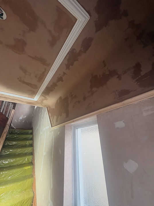 Room with decorative coving and rough plastered walls awaiting plastering in Liverpool
