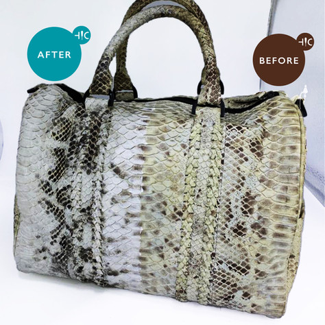 Honest Crafters | Before and after close up photo of Jumbo Python leather bag colour restoration done by Honest Crafters 