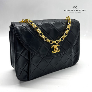 Close up image of Chanel Vintage flap bag gold replating service done by Honest Crafters