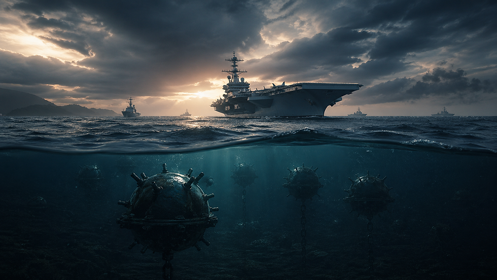 Ultra-realistic depiction of naval sea mines beneath an aircraft carrier, representing hidden maritime threats and global trade disruption
