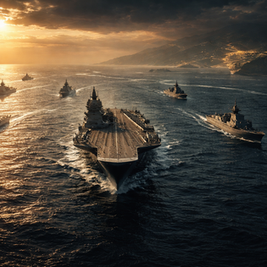 Indian Navy aircraft carrier and warships sailing in formation across the Indian Ocean at sunset, symbolizing maritime stability and strategic presence