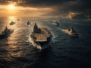 Indian Navy aircraft carrier and warships sailing in formation across the Indian Ocean at sunset, symbolizing maritime stability and strategic presence