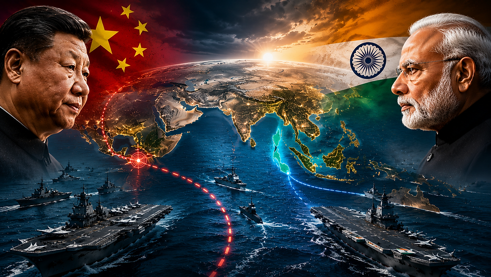 Map of the Indian Ocean showing maritime trade routes, Indian and Chinese naval forces, the Malacca Strait, and strategic chokepoints central to the India-China maritime rivalry.